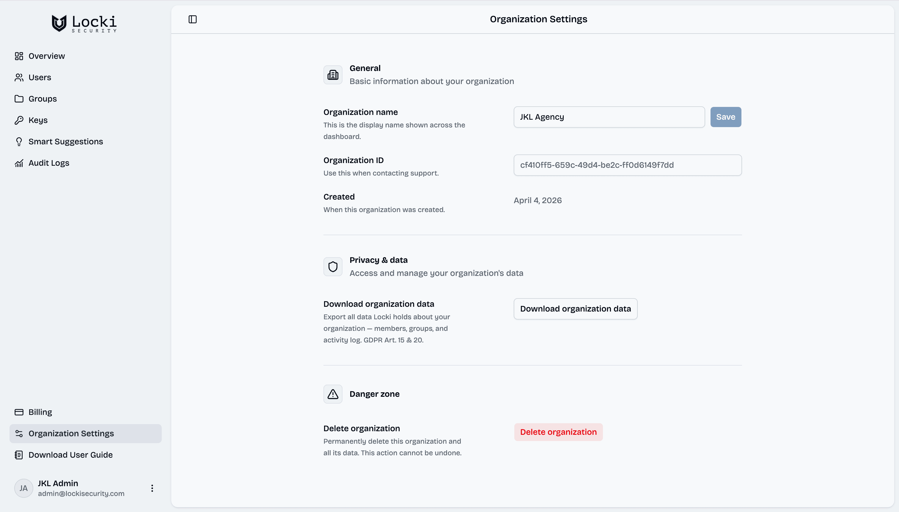 Admin Dashboard — Org Settings